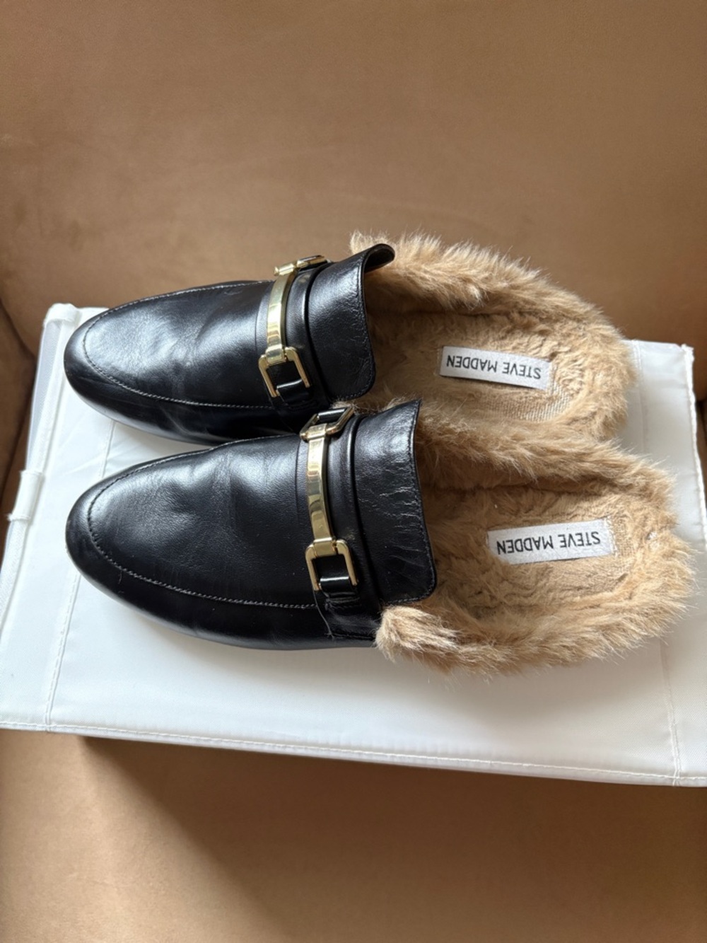 Steve Madden Black Leather Faux Fur-Lined Slip-On Loafers